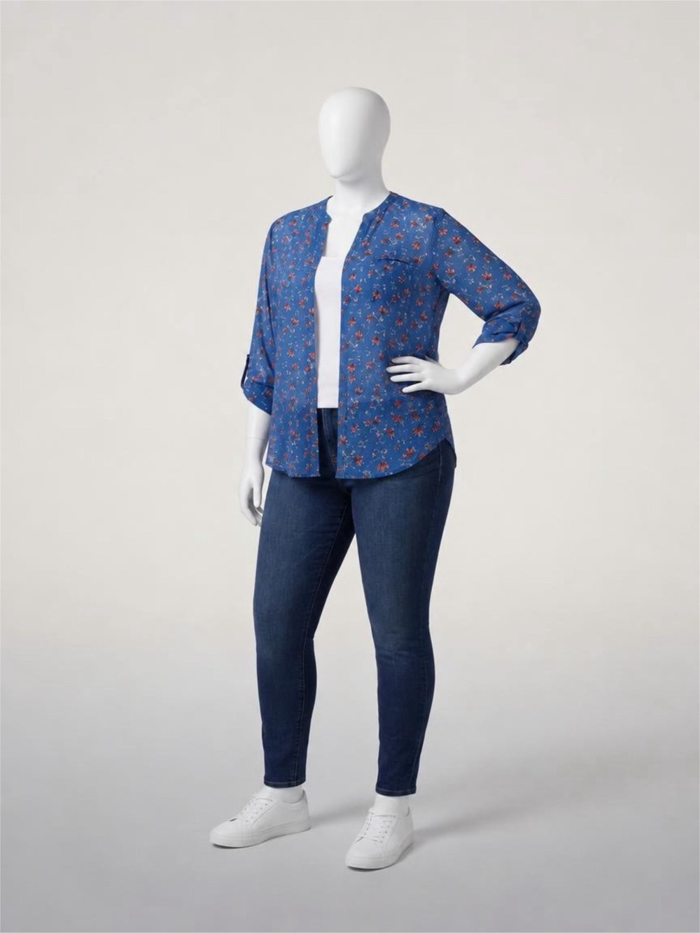 Blue Floral Button-Front Women's Blouse Sheer